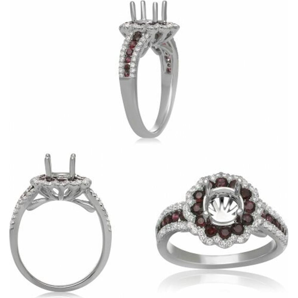 Roman & Jules - 14K White Gold Round Ruby Ring with Halo of Round Diamonds - 0.74 Carat Total Diamond Weight