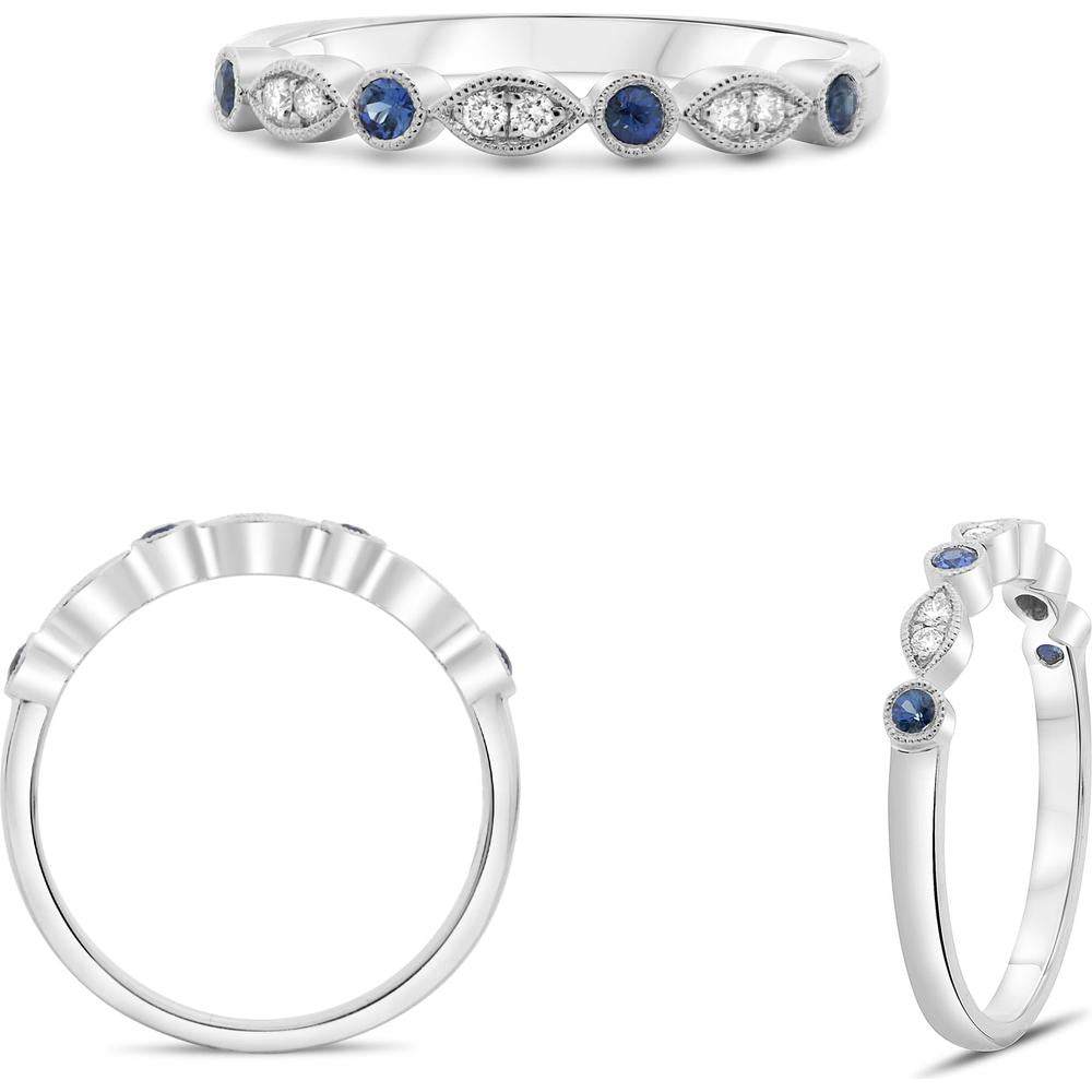 Roman & Jules - 14K White Gold Round Sapphire and Diamond Band Ring with Milgrain Detailing