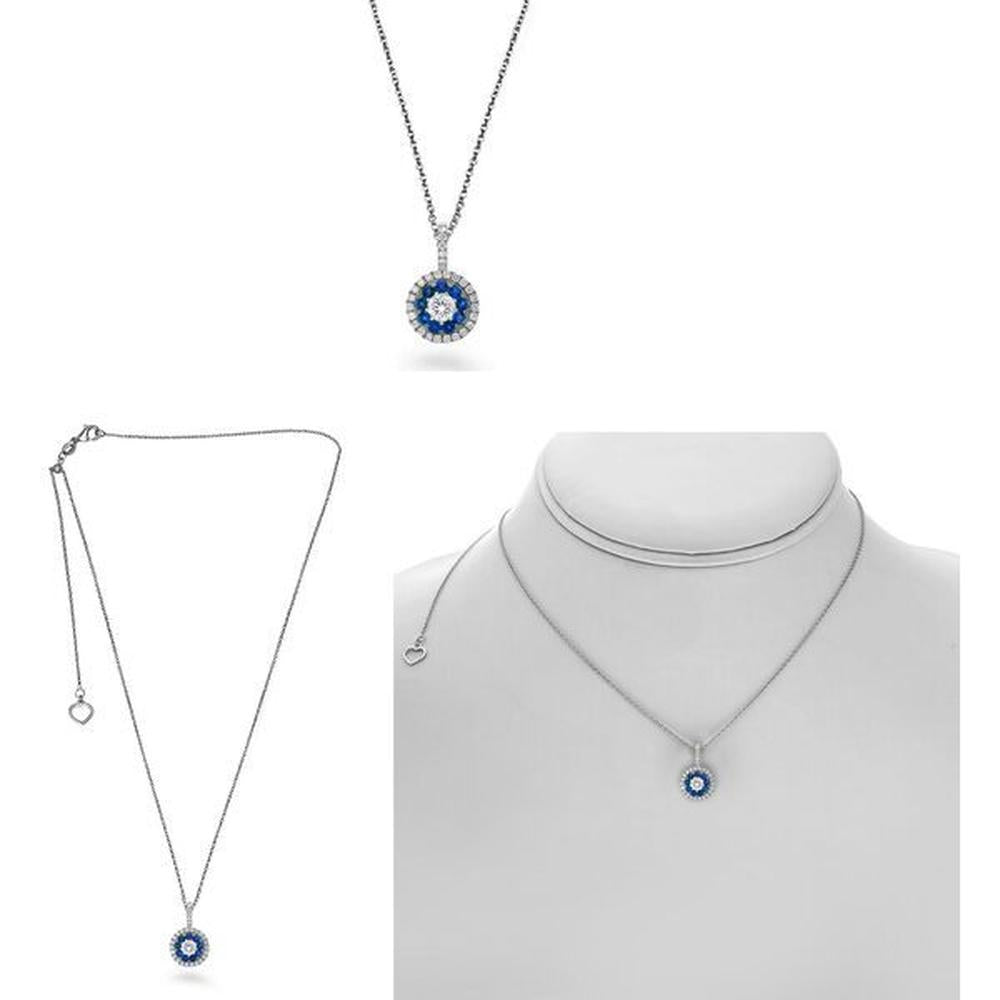Roman & Jules - 14K White Gold Round Sapphire and Diamond Double Halo Necklace - 0.21 Carat Sapphire, 0.18 Carat Total Diamond Weight