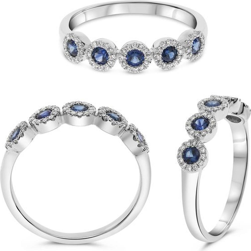 Roman & Jules - 14K White Gold Round Sapphire Halo Ring with Round Diamonds - 0.34 Carat Sapphire, 0.13 Carat Diamond Total Weight
