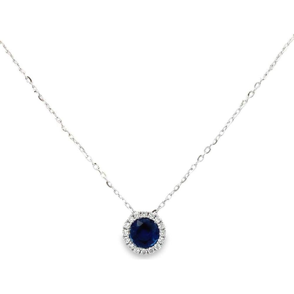 Roman & Jules - 14K White Gold Round Sapphire Necklace with Diamond Halo - 0.64 Carat Total Diamond Weight