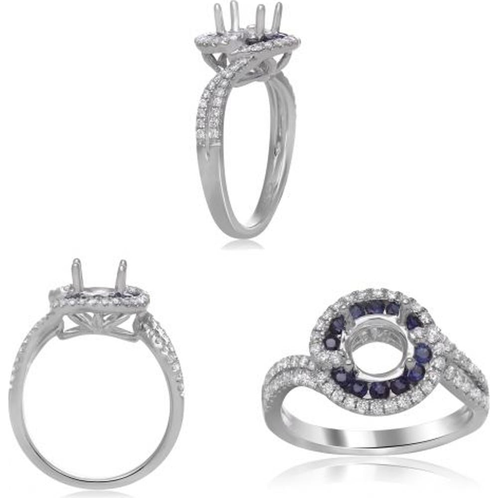 Roman & Jules - 14K White Gold Round Sapphire Ring with Diamond Halo - 0.36 Carat Total Diamond Weight