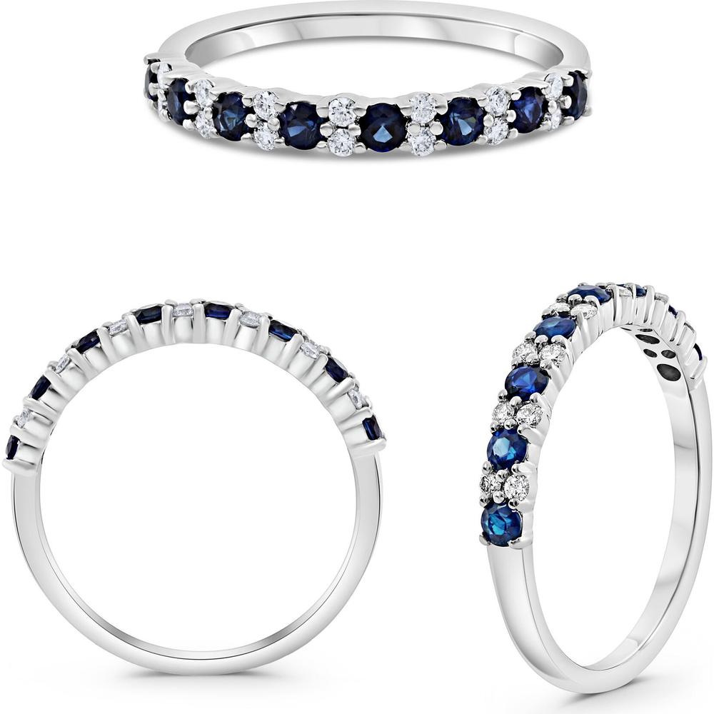 Roman & Jules - 14K White Gold Round Sapphire Ring with Round Diamonds - 0.38 Carat Total Diamond Weight