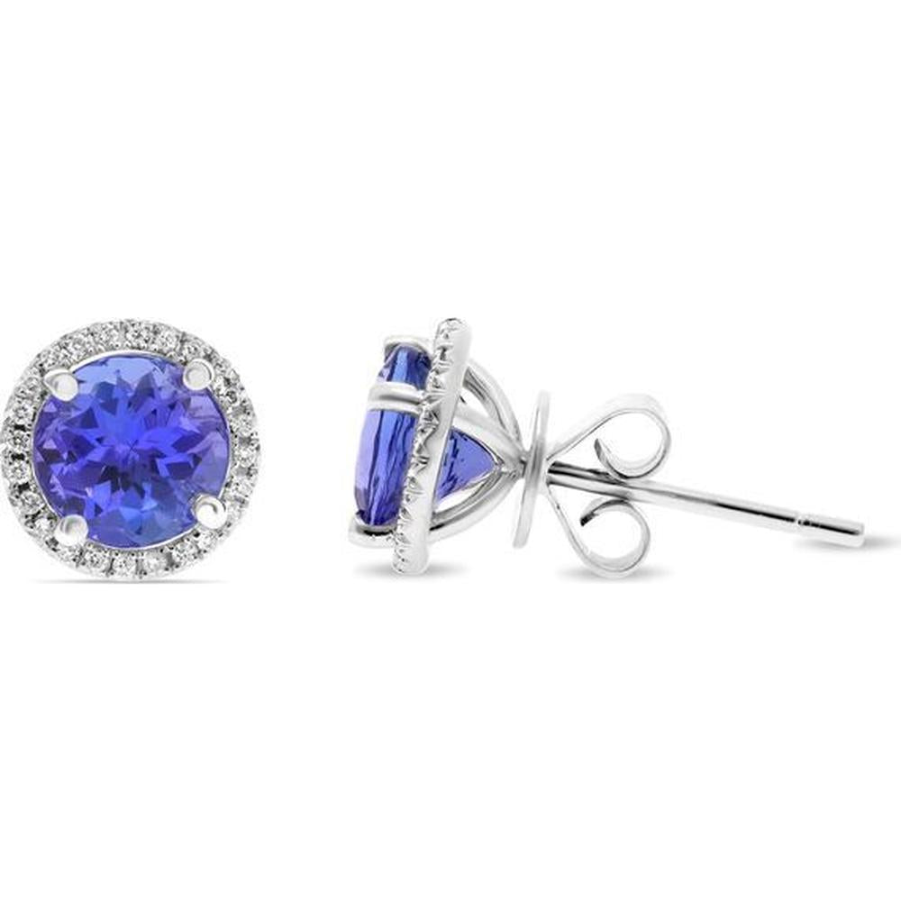 Roman & Jules - 14K White Gold Round Tanzanite Halo Stud Earrings with Round Diamonds - 2.50 Carat Total Tanzanite Weight