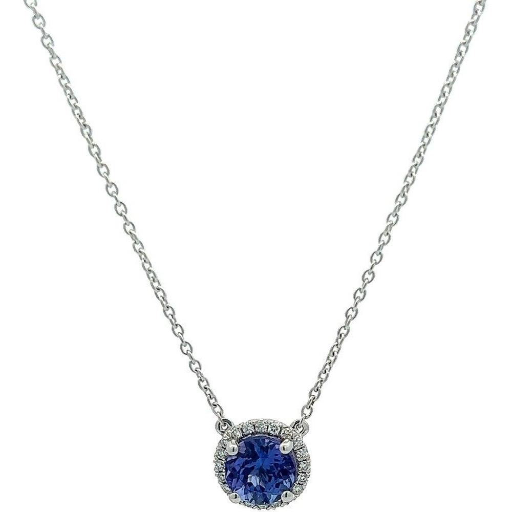 Roman & Jules - 14K White Gold Round Tanzanite Necklace with Diamond Halo - 1.15 Carat Tanzanite