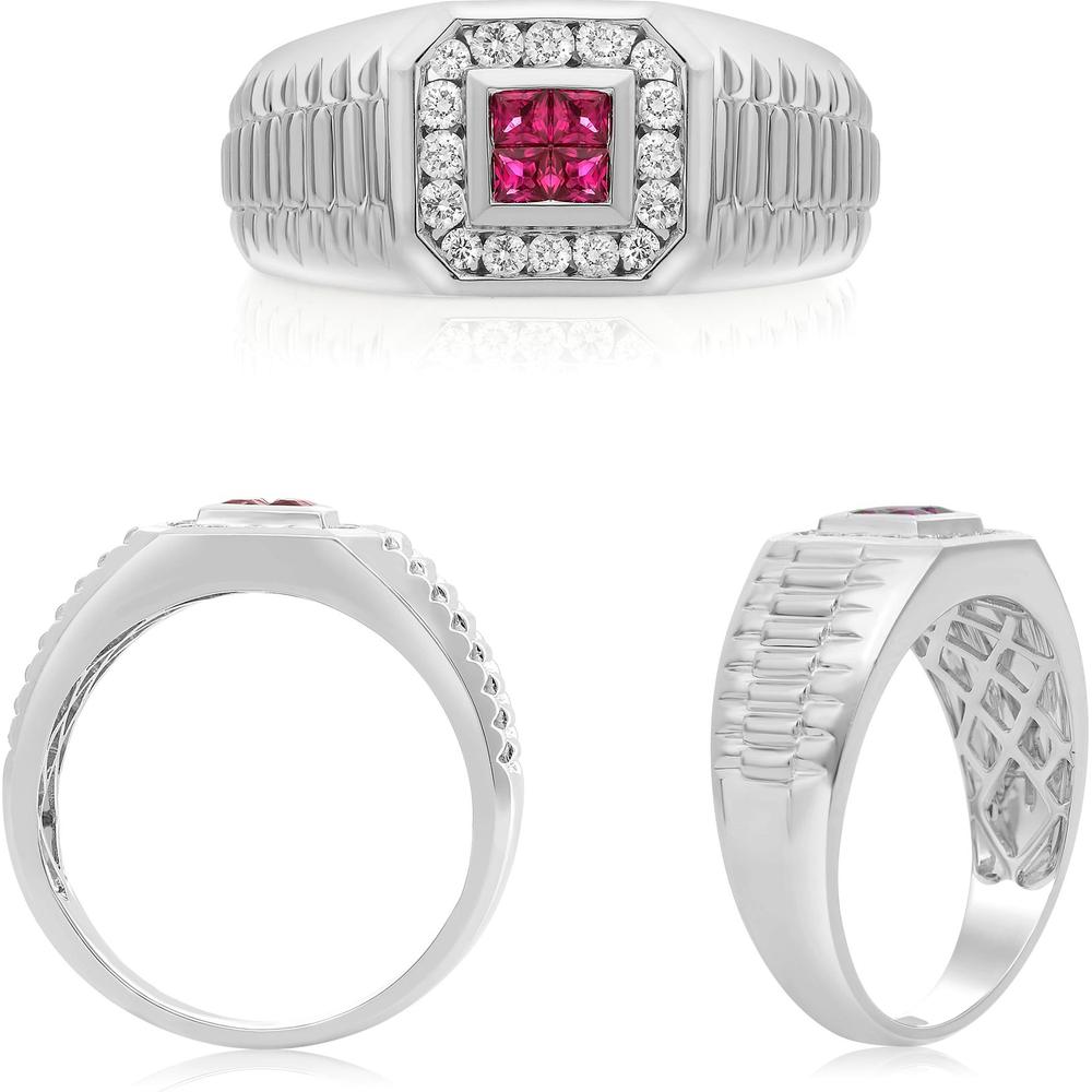 Roman & Jules - 14K White Gold Ruby and Diamond Cluster Ring - 0.52 Carat Total Gemstone Weight