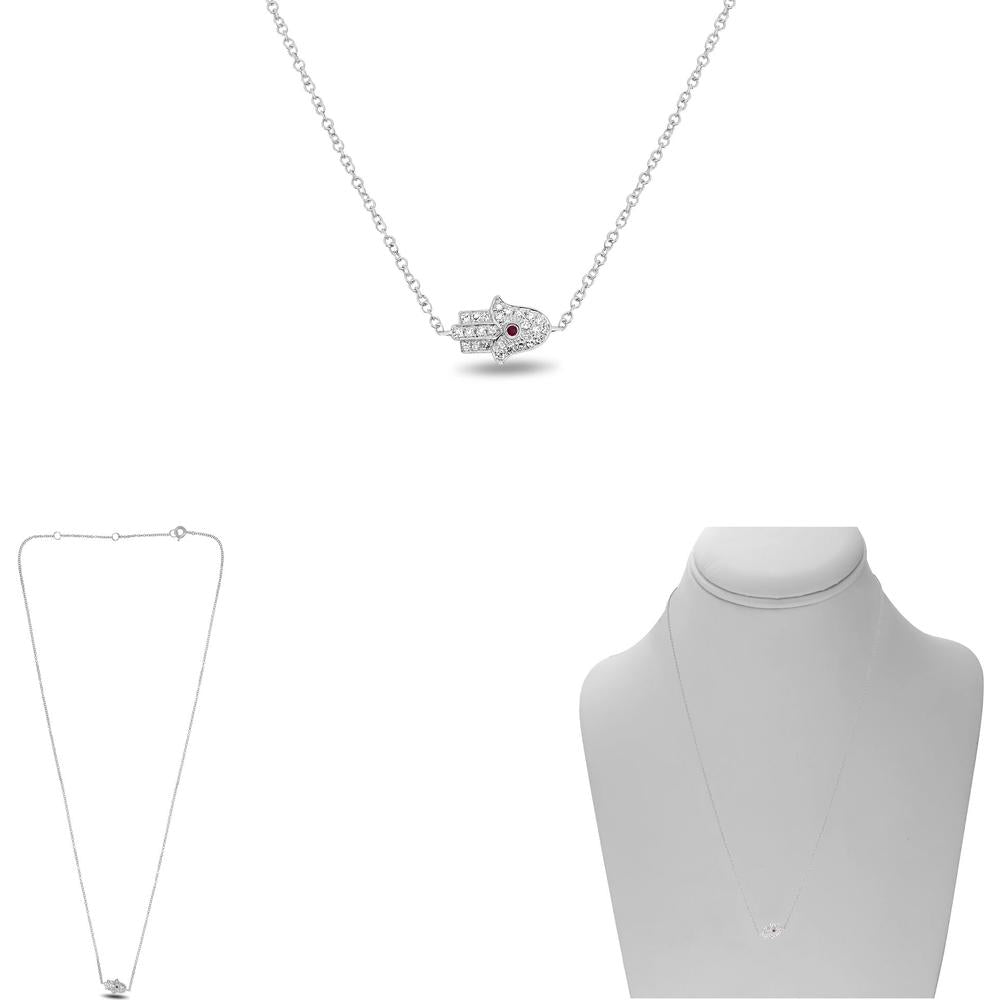 Roman & Jules - 14K White Gold Ruby & Diamond East-West Evil Eye Hamsa Necklace with Emerald-Cut Diamond - 0.09 Carat Total Gem Weight