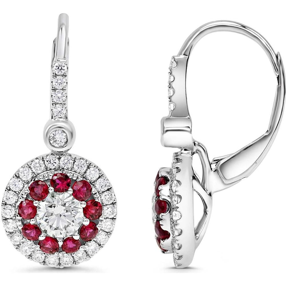 Roman & Jules - 14K White Gold Ruby and Diamond Halo Drop Earrings - 0.40 Carat Ruby and 0.26 Carat Total Diamond Weight