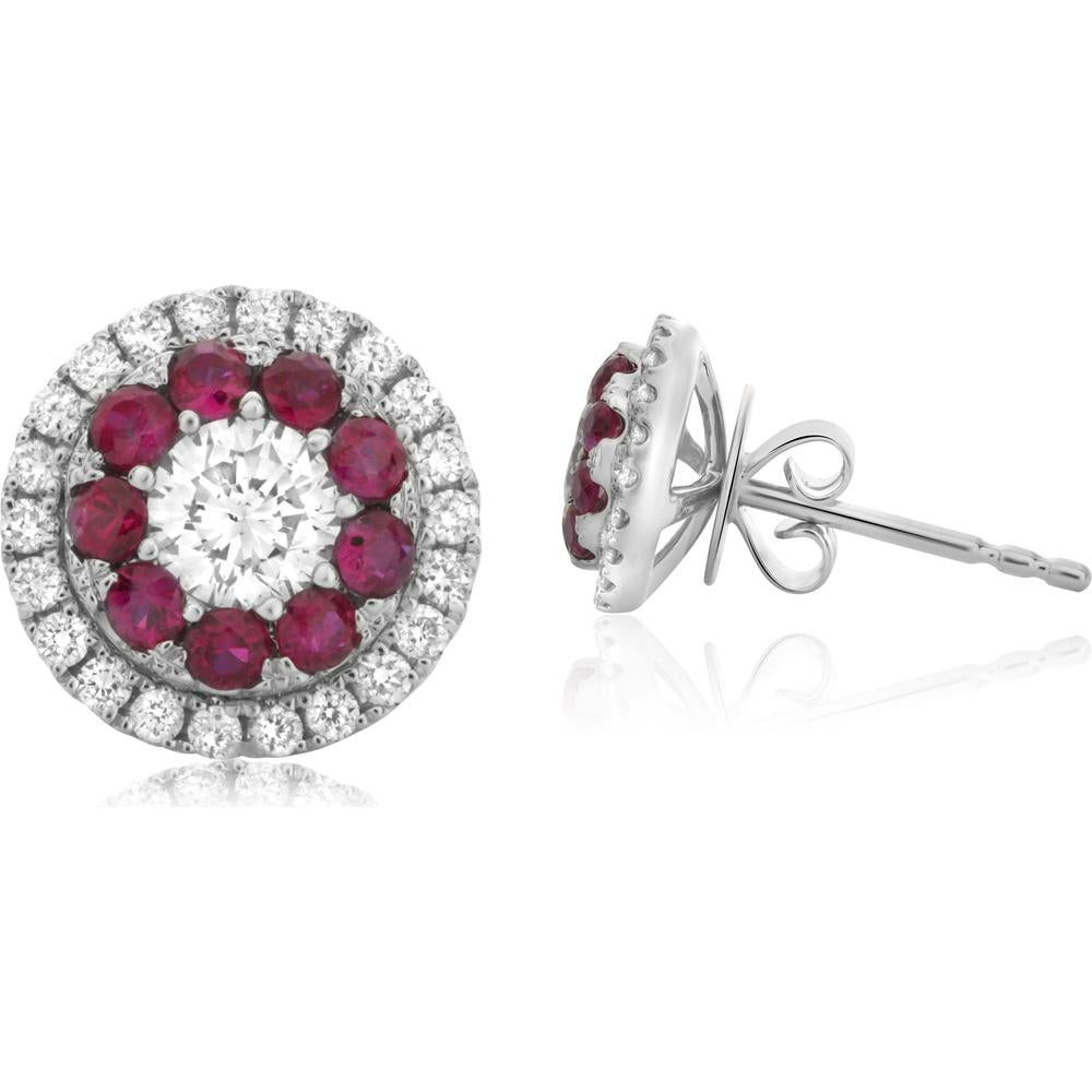 Roman & Jules - 14K White Gold Ruby and Diamond Halo Stud Earrings - 1.30 Carat Total Gem Weight