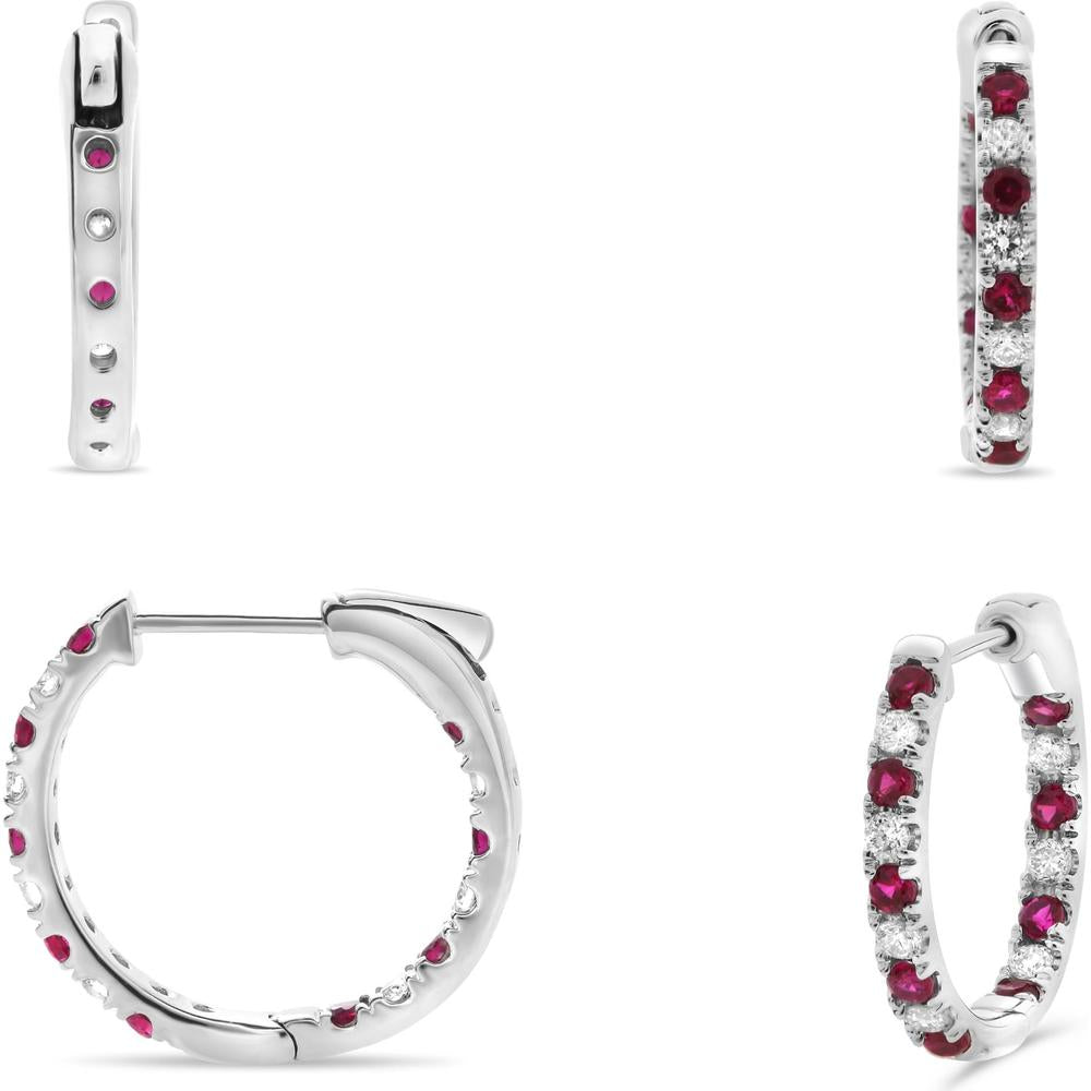 Roman & Jules - 14K White Gold Ruby and Diamond Hoop Earrings with Micropavé Setting - 0.39 Carat Ruby, 0.25 Carat Total Diamond Weight