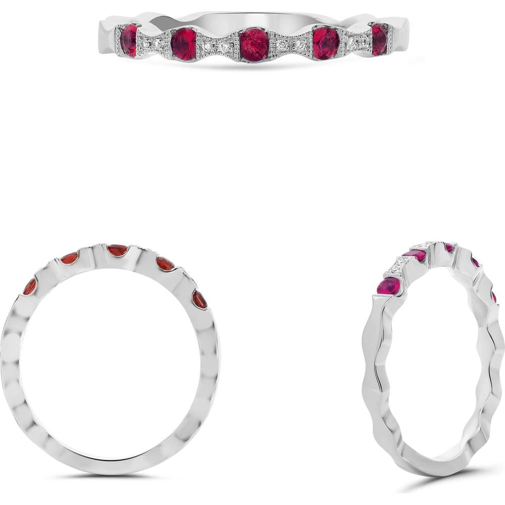 Roman & Jules - 14K White Gold Ruby and Diamond Milgrain Band - 0.28 Carat Total Ruby Weight, 0.02 Carat Total Diamond Weight