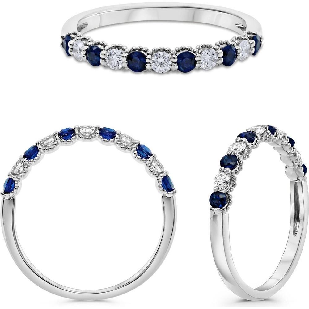 Roman & Jules - 14K White Gold Sapphire and Diamond Band Ring with Milgrain Detailing - 0.28 Carat Total Diamond Weight