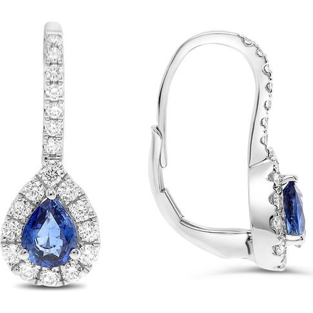 Roman & Jules - 14K White Gold Sapphire and Diamond Drop Earrings with Halo Design - 0.76 Carat Total Sapphire and Diamond Weight