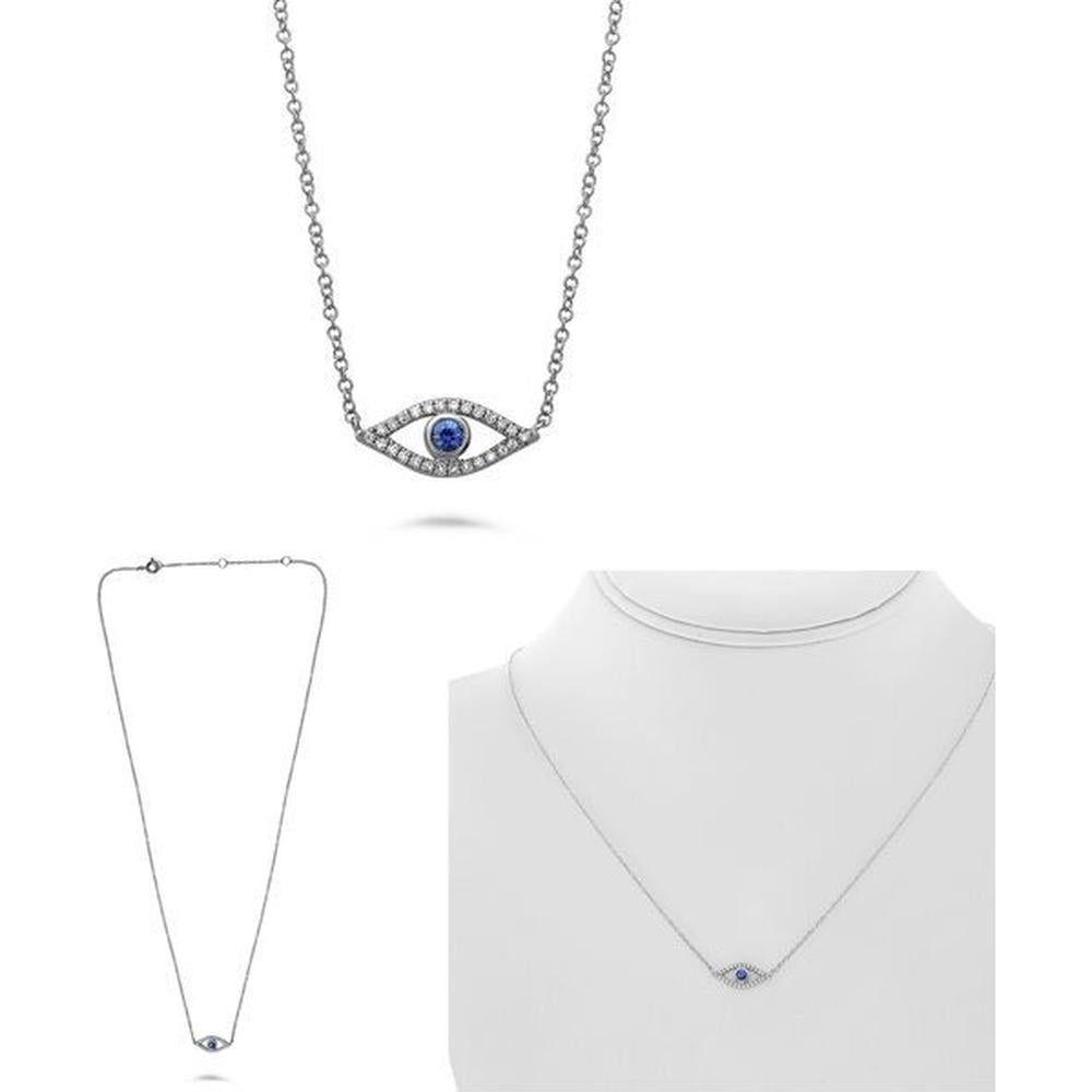 Roman & Jules - 14K White Gold Sapphire and Diamond Evil Eye Necklace - 0.09 Carat Diamond Weight