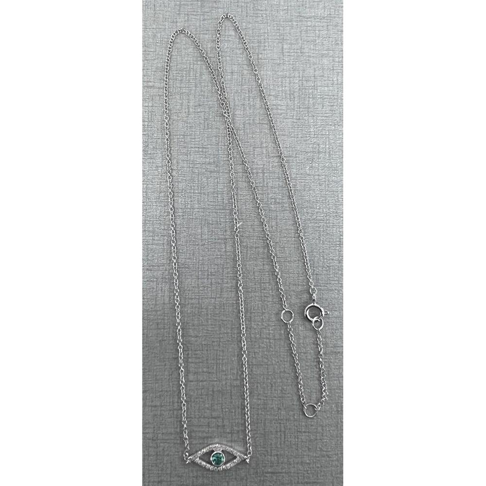 Roman & Jules - 14K White Gold Sapphire and Diamond Evil Eye Necklace with Emerald Accent - 0.08 Carat Total Diamond Weight, 0.09 Carat Emerald