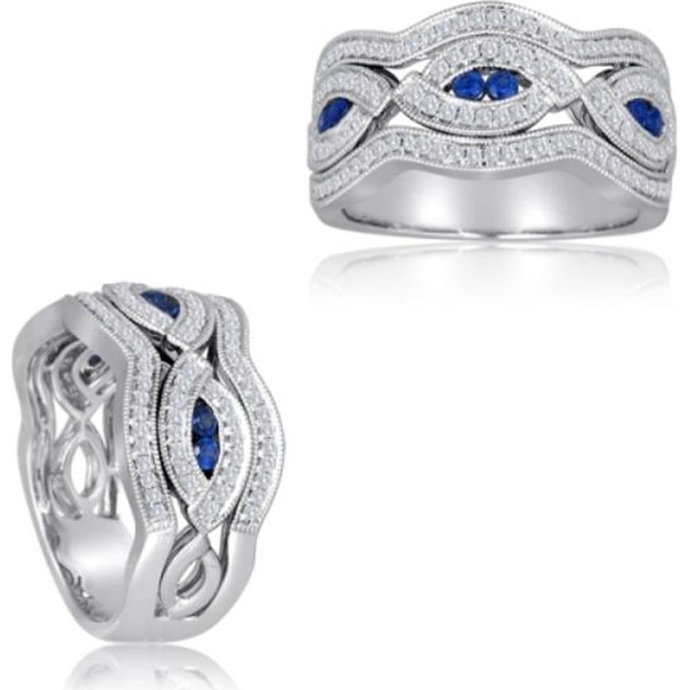 Roman & Jules - 14K White Gold Sapphire and Diamond Ring with Round Diamonds - 0.43 Carat Total Diamond Weight
