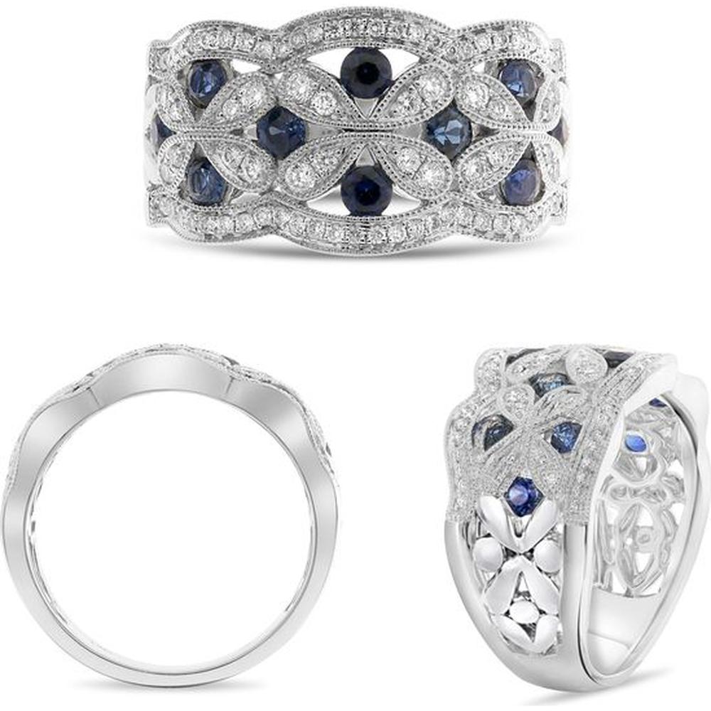 Roman & Jules - 14K White Gold Sapphire and Diamond Vintage Inspired Wedding Band - 0.67 Carat Total Sapphire, 0.41 Carat Total Diamond Weight