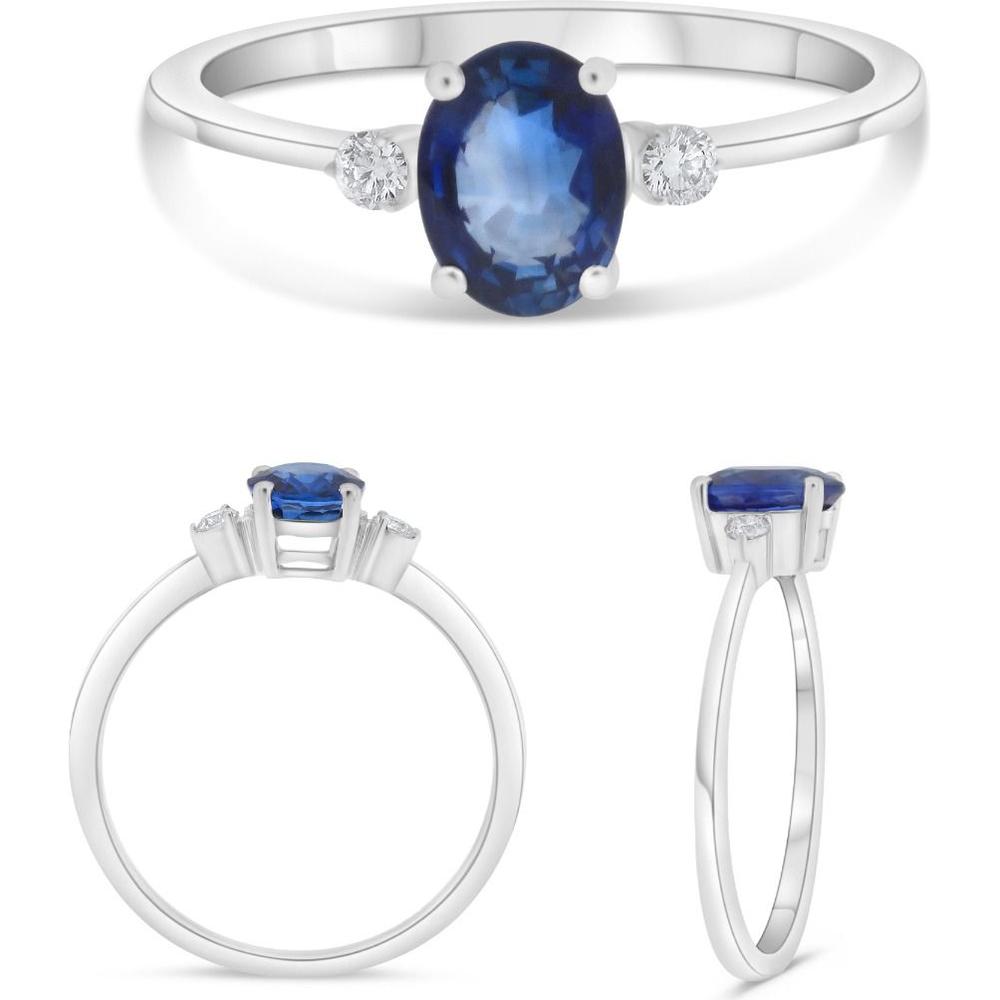 Roman & Jules - 14K White Gold Sapphire and Double Diamond Ring with Oval Sapphire and Round Diamonds