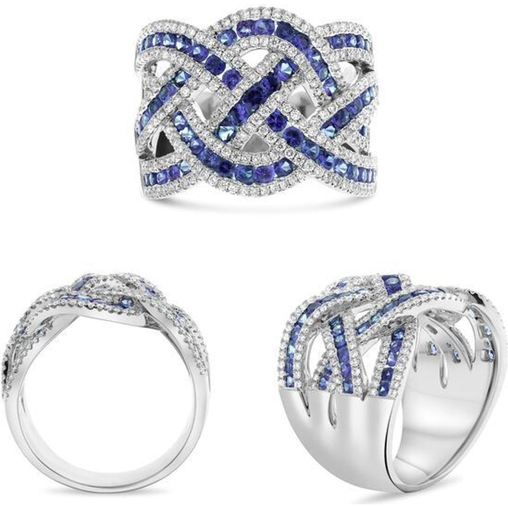 Roman & Jules - 14K White Gold Sapphire and Round Diamond Channel Set Ring - 0.72 Carat Total Diamond Weight