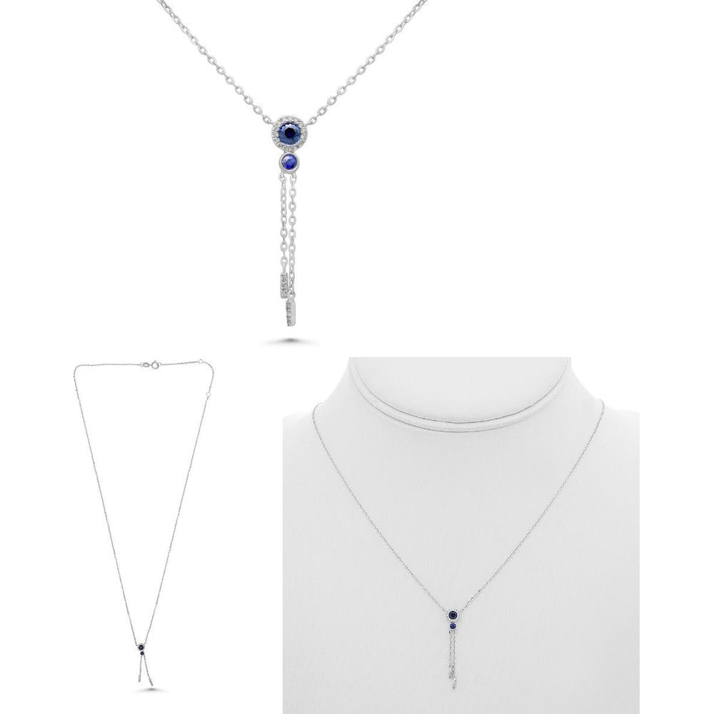 Roman & Jules - 14K White Gold Sapphire Drop Necklace with Round Diamond Halo - 0.20 Carat Total Diamond Weight