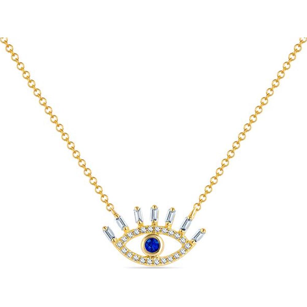 Roman & Jules - 14K White Gold Sapphire Evil Eye Necklace with Round and Baguette Diamonds - 0.18 Carat Total Diamond Weight