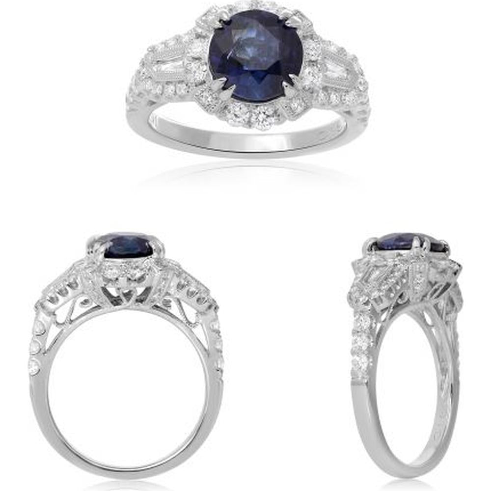 Roman & Jules - 14K White Gold Sapphire Halo Ring with Round and Baguette Diamonds - 2.54 Carat Sapphire, 0.70 Carat Total Diamond Weight