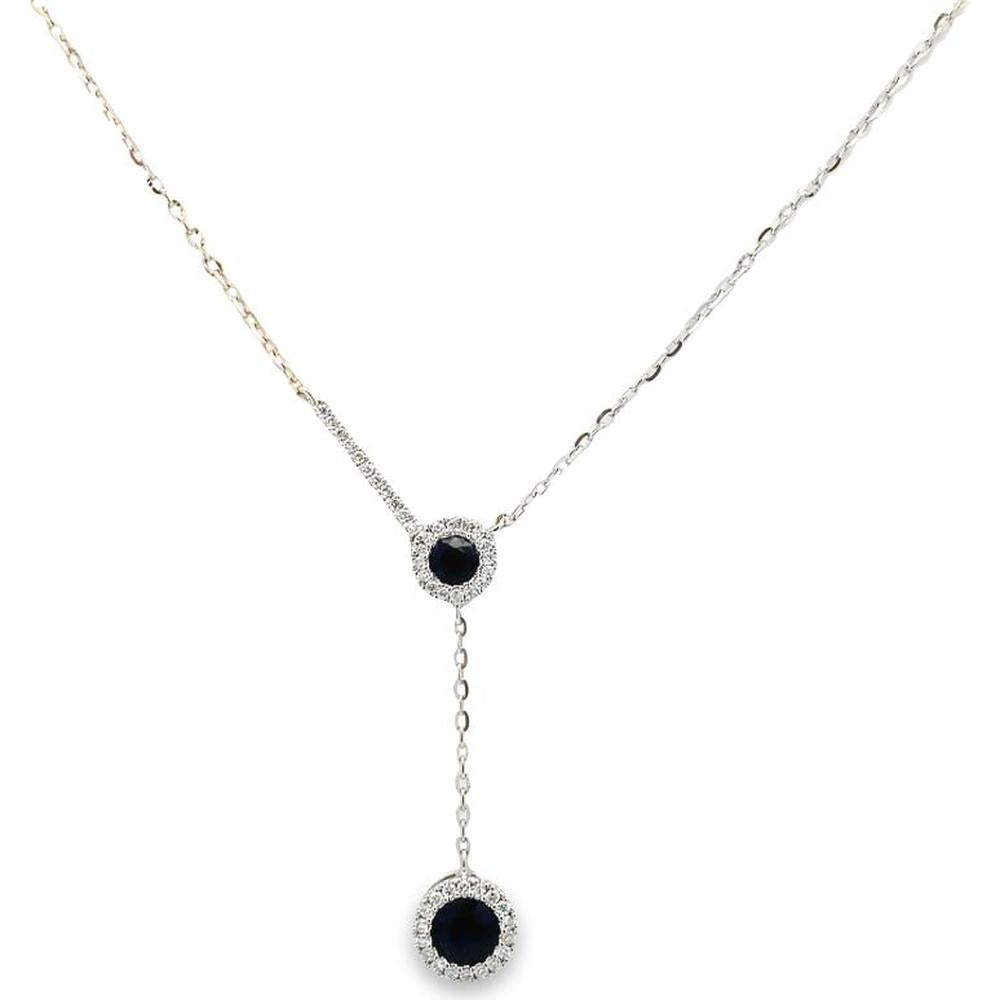 Roman & Jules - 14K White Gold Sapphire Necklace with Round Diamonds in Halo Setting - 0.45 Carat Total Diamond Weight