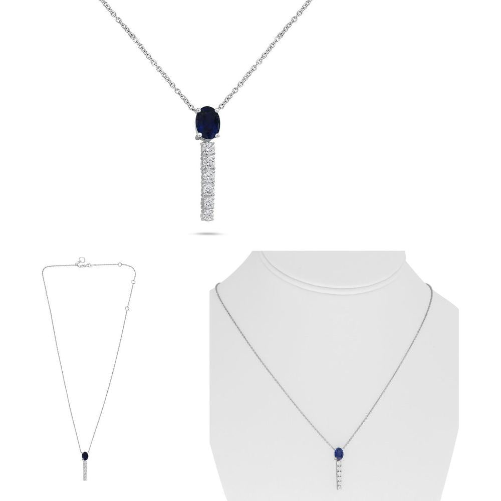 Roman & Jules - 14K White Gold Sapphire Y Drop Necklace with Round Diamond - 0.82 Carat Total Sapphire Weight