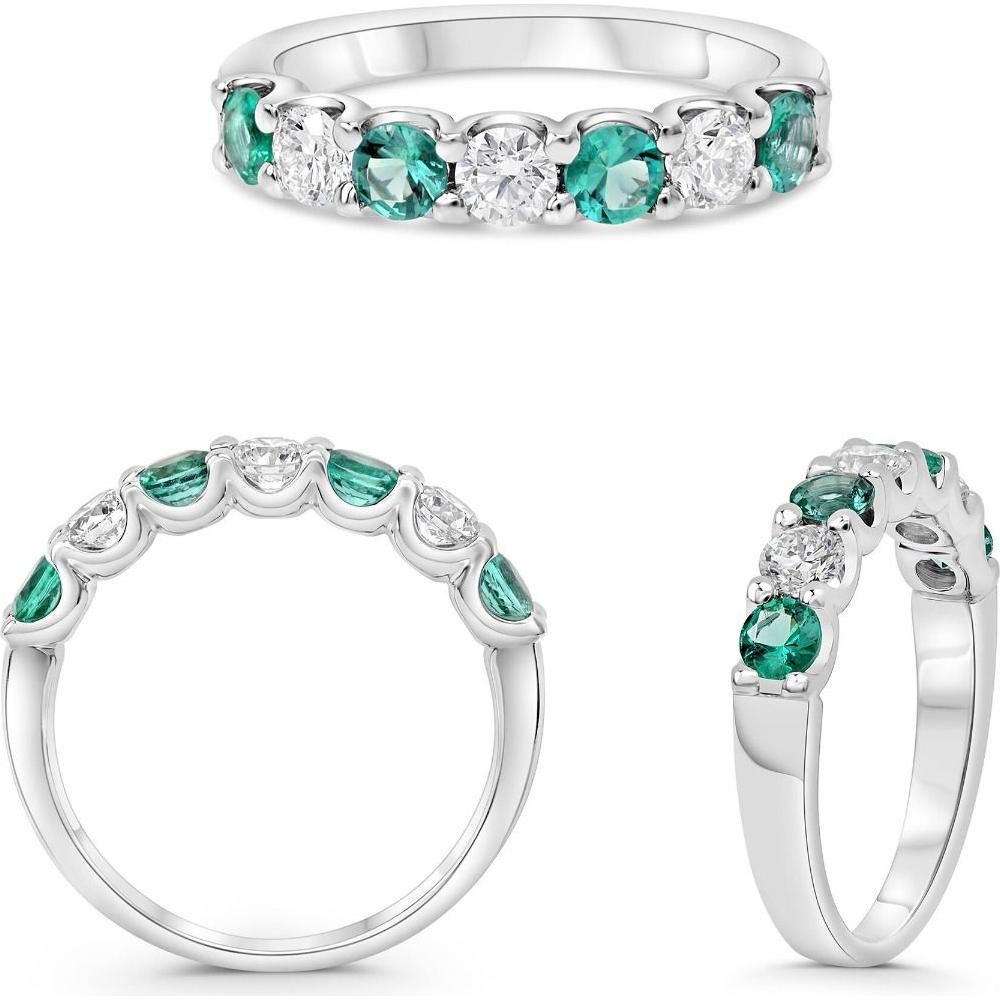 Roman & Jules - 14K White Gold Seven-Stone Wedding Band with Round Diamonds and Emeralds - 1.00 Carat Total Diamond Weight