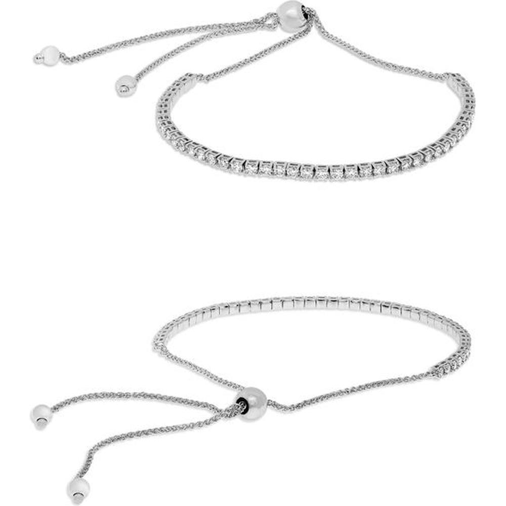 Roman & Jules - 14K White Gold Simple Bolo Bracelet with 0.79 Carat Round Diamonds - Adjustable Fit