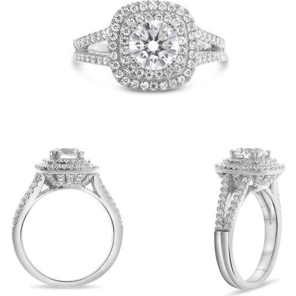 Roman & Jules - 14K White Gold Split Shank Double Halo Engagement Ring Setting with 0.60 Carat Total Round Diamonds