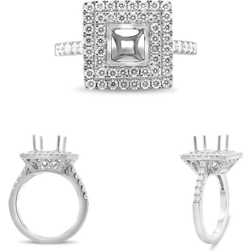 Roman & Jules - 14K White Gold Square Double Halo Engagement Ring with Round Diamonds - 0.95 Carat Total Diamond Weight