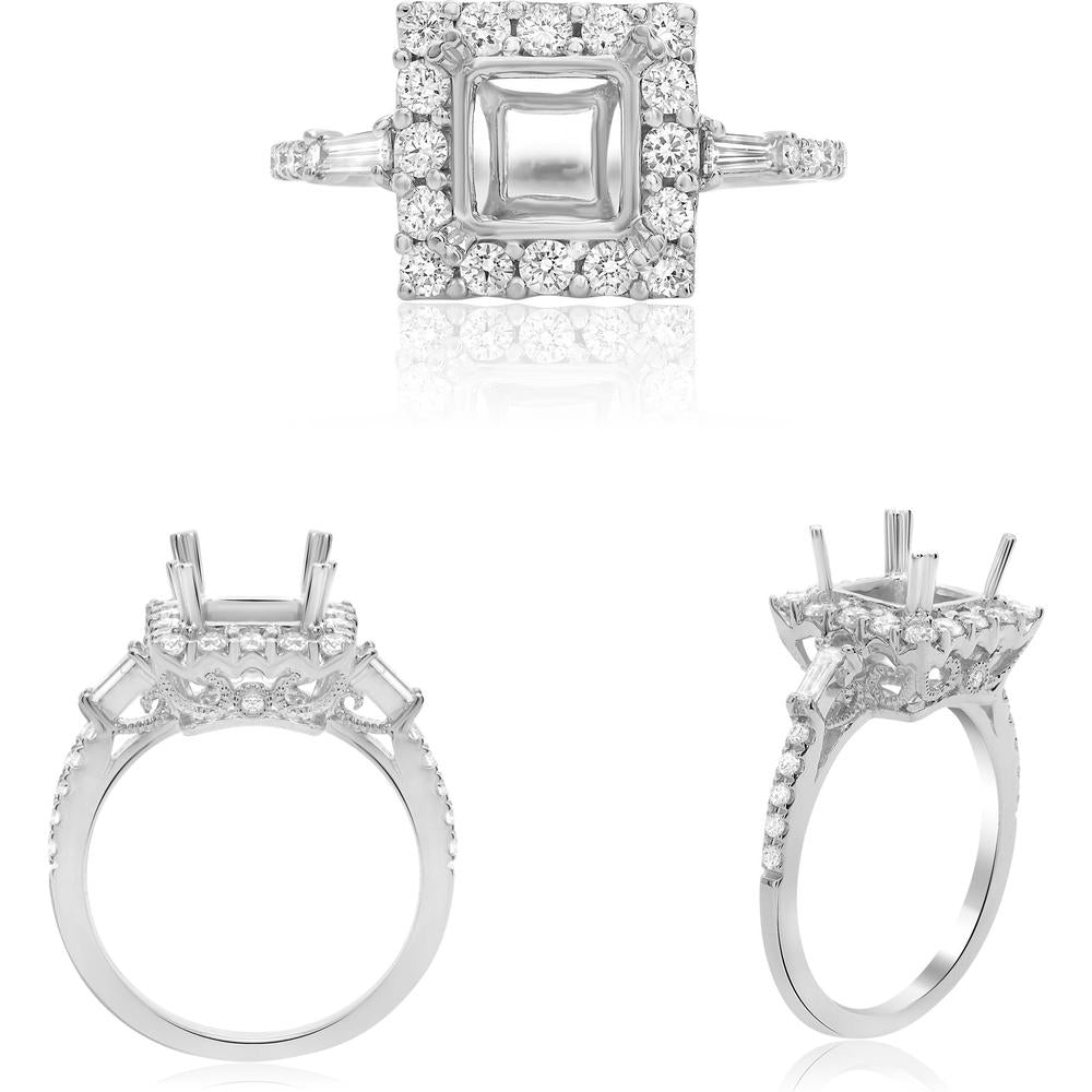 Roman & Jules - 14K White Gold Square Halo Engagement Ring with Baguette Side Stones - 0.53 Carat Total Diamond Weight