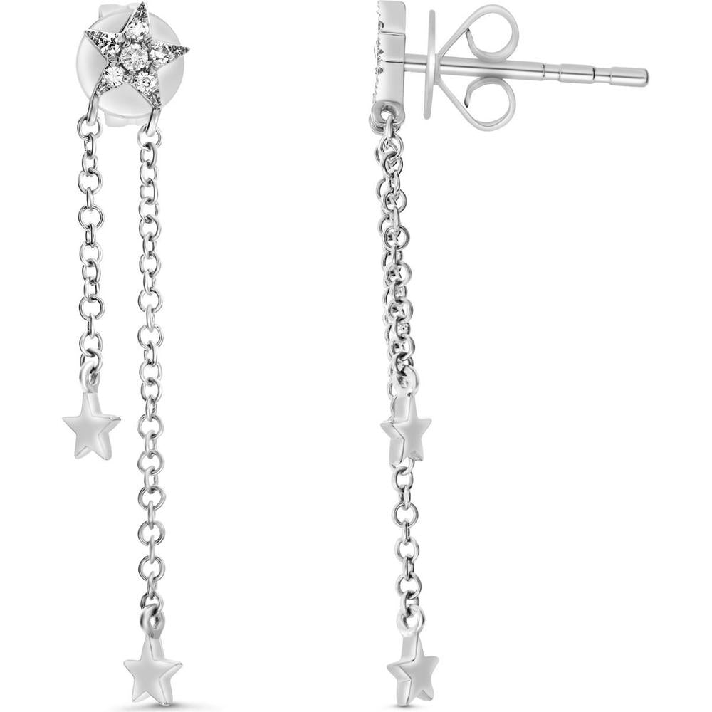 Roman & Jules - 14K White Gold Star Chain Earrings with Round Diamond - 0.10 Carat Total Diamond Weight