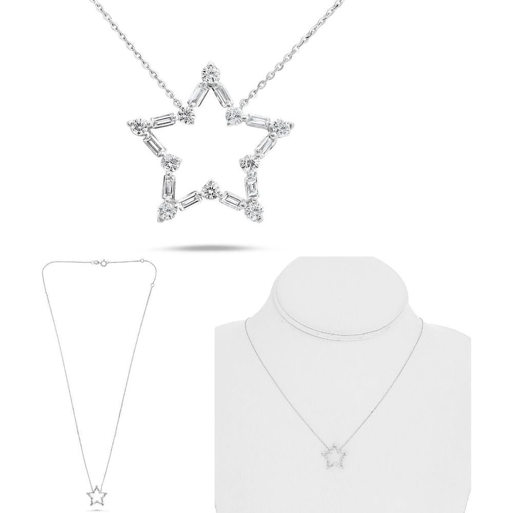 Roman & Jules - 14K White Gold Star Pendant Necklace with Round and Baguette Diamonds - 0.40 Carat Total Diamond Weight