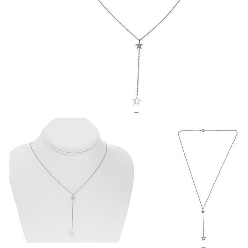 Roman & Jules - 14K White Gold Star Studded Lariat Necklace with 0.05 Carat Round Diamond in Micropavé Setting