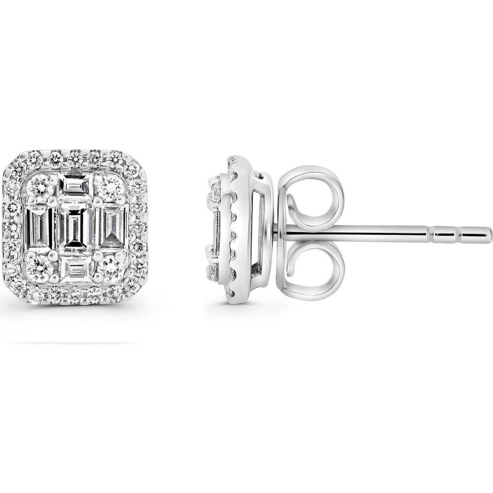 Roman & Jules - 14K White Gold Stud Earrings with Round and Baguette Diamonds - 0.64 Carat Total Diamond Weight