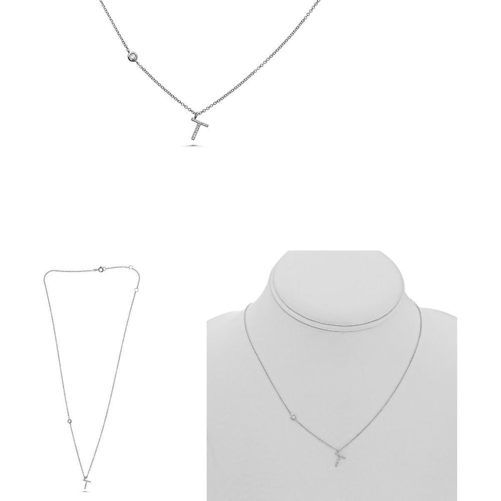 Roman & Jules - 14K White Gold "T" Pendant Necklace with Round Diamond - 0.09 Carat Total Diamond Weight