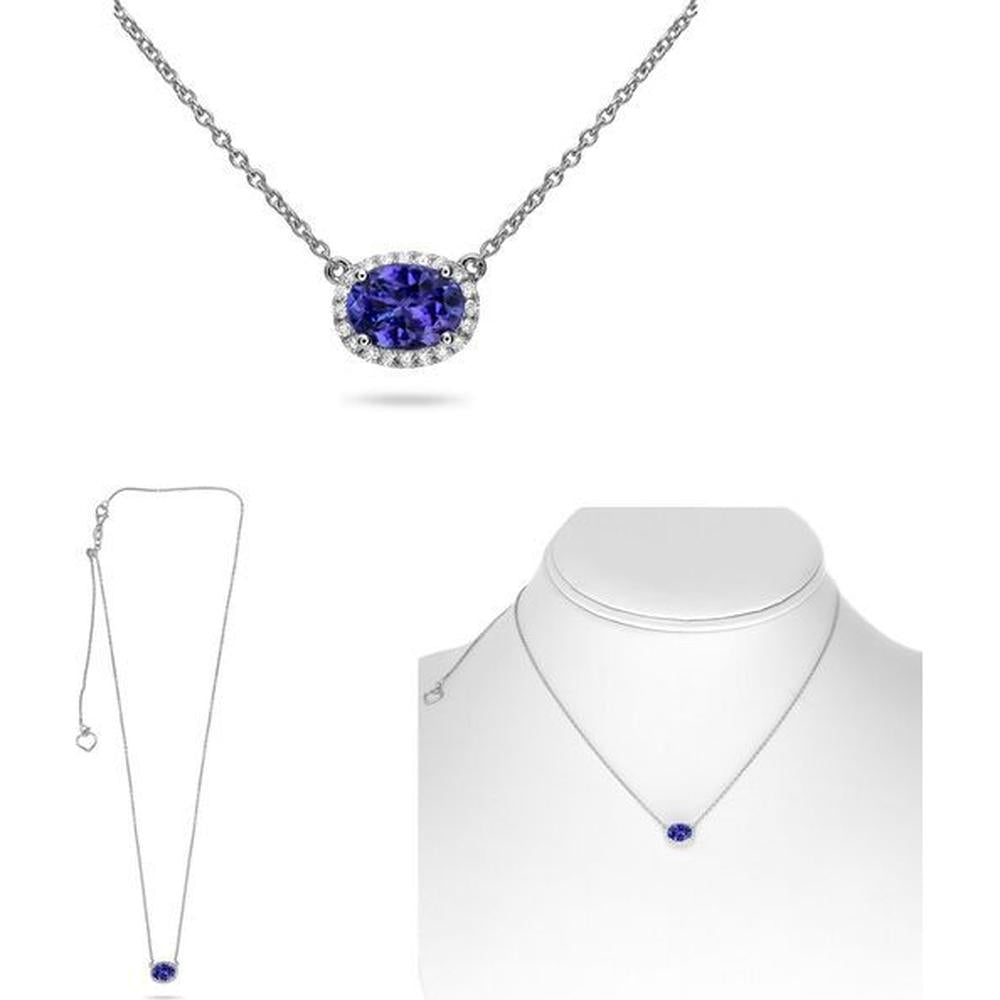 Roman & Jules - 14K White Gold Tanzanite Halo Necklace with Round Diamonds - 0.10 Carat Total Diamond Weight