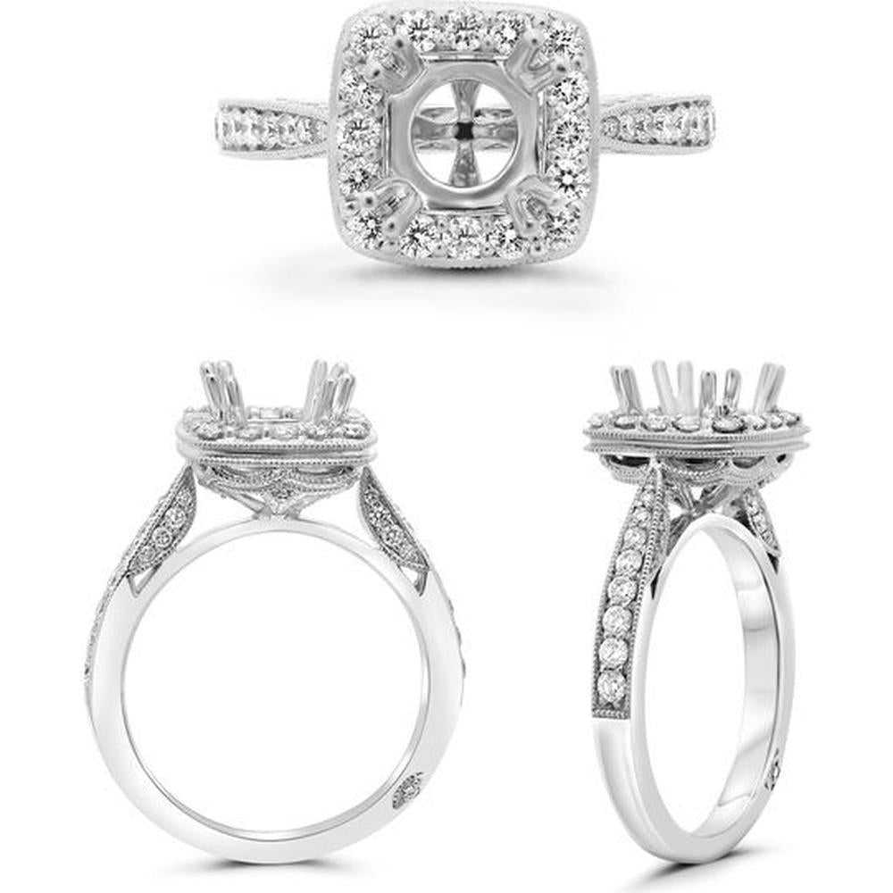 Roman & Jules - 14K White Gold Tapered Shank Engagement Setting with Halo Round Diamond - 0.75 Carat Total Diamond Weight