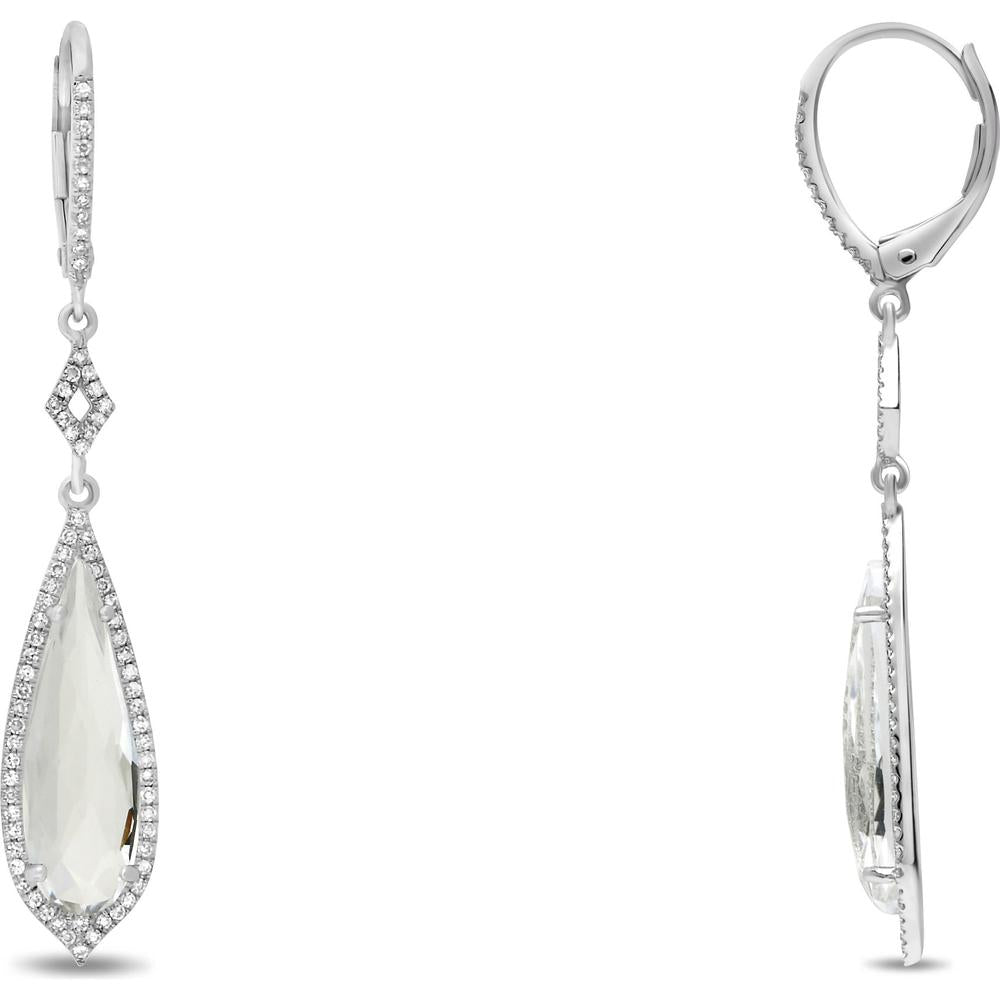Roman & Jules - 14K White Gold Teardrop Earrings with Halo of Round Diamonds and White Topaz - 0.70 Carat Total Diamond Weight