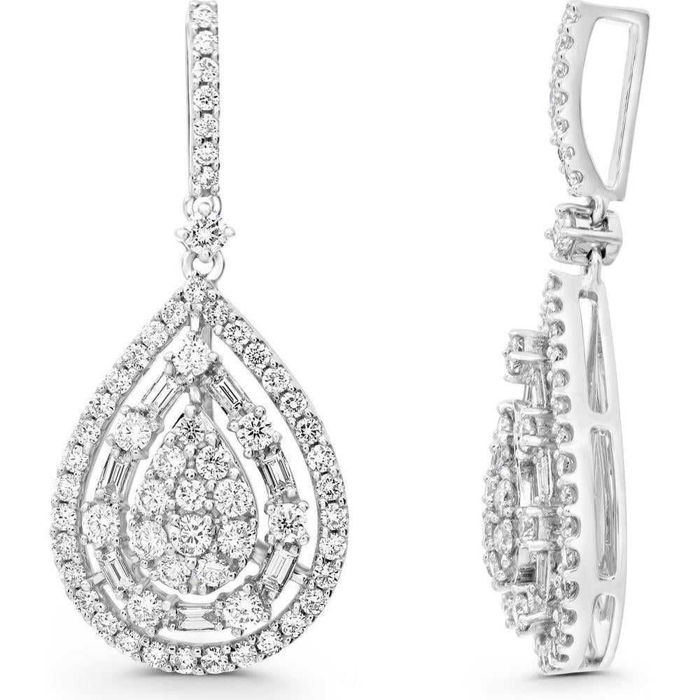 Roman & Jules - 14K White Gold Teardrop Earrings with Round and Baguette Diamonds - 1.10 Carat Total Diamond Weight