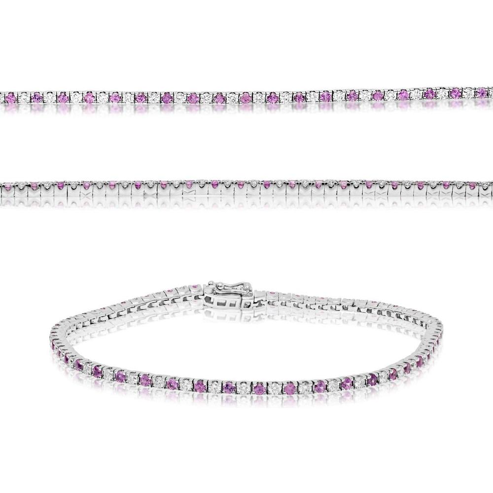 Roman & Jules - 14K White Gold Tennis Bracelet with 1.00 Carat Round Diamonds and Pink Sapphires