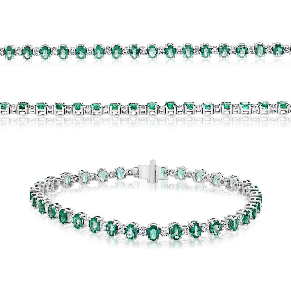 Roman & Jules - 14K White Gold Tennis Bracelet with Oval Emeralds and Round Diamonds - 5.00 Carat Total Emerald Weight