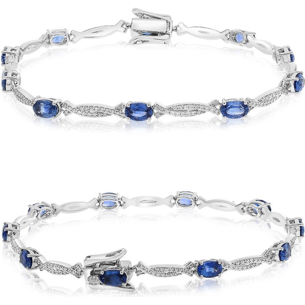 Roman & Jules - 14K White Gold Tennis Bracelet with Oval Sapphires and Round Diamonds - 4.50 Carat Total Gemstone Weight
