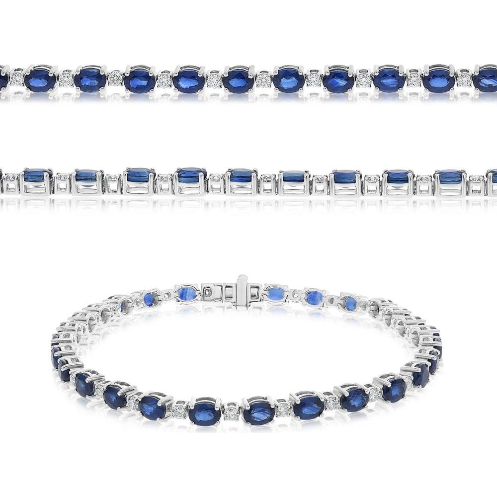 Roman & Jules - 14K White Gold Tennis Bracelet with Oval Sapphires and Round Diamonds - 7.10 Carat Total Gem Weight
