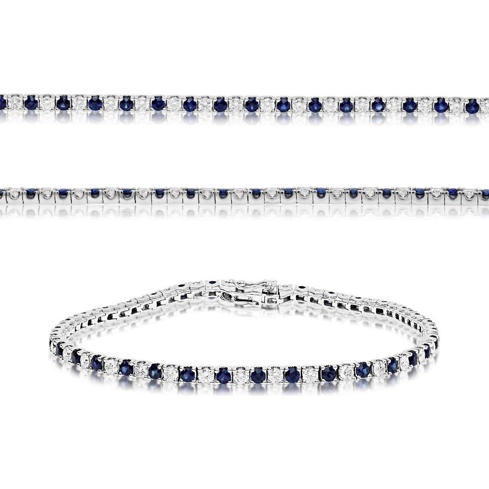 Roman & Jules - 14K White Gold Tennis Bracelet with Prong-Set Round Diamonds and Blue Sapphires - 4.00 Carat Total Gem Weight