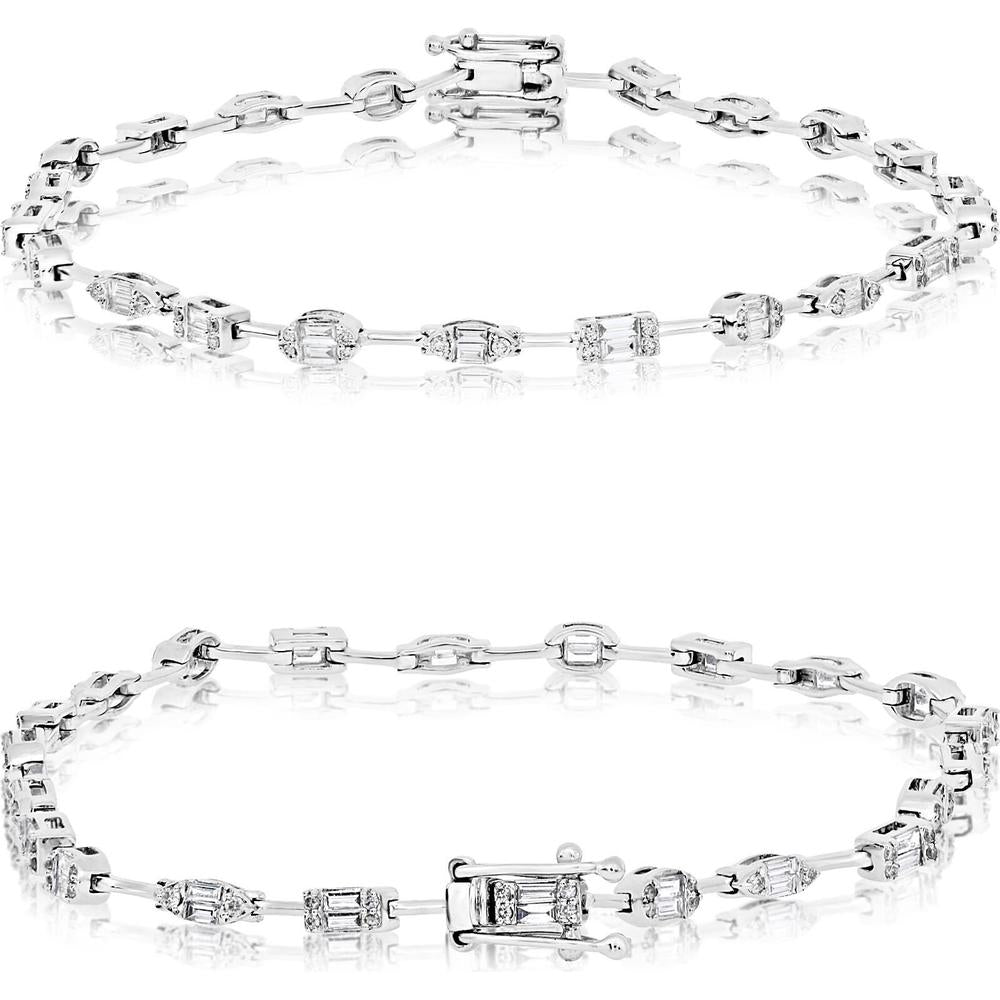 Roman & Jules - 14K White Gold Tennis Bracelet with Round and Baguette Diamonds - 1.25 Carat Total Diamond Weight