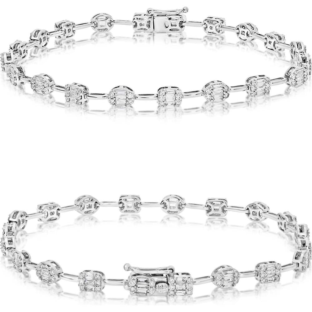 Roman & Jules - 14K White Gold Tennis Bracelet with Round and Baguette Diamonds - 1.55 Carat Total Diamond Weight