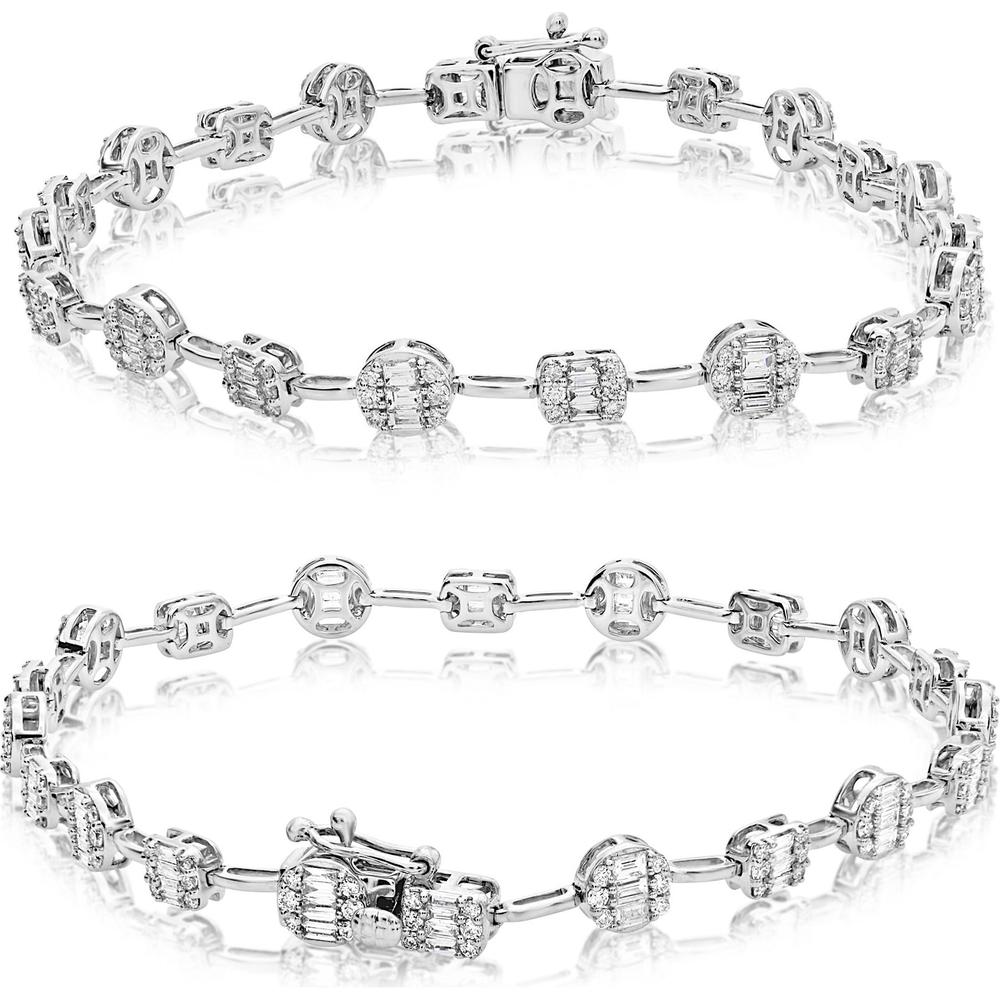 Roman & Jules - 14K White Gold Tennis Bracelet with Round and Baguette Diamonds - 1.75 Carat Total Diamond Weight